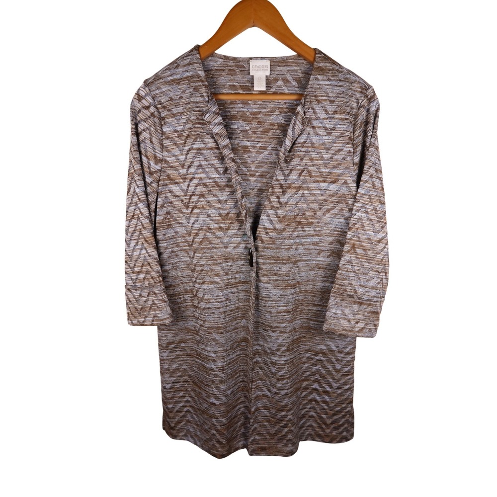 Chicos Collection Chevron Knit Cardigan Jacket Brown Grey Size 0 Small 3/4 Slv